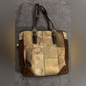 Coach 2007 Patchwork Signature Tote Bag Tan Brown Gold Canvas & Leather F11408